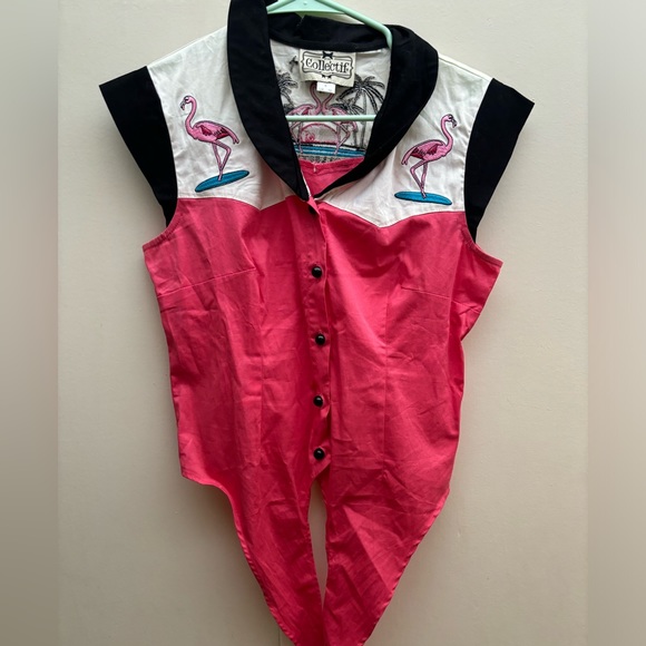 Collectif Tops - CollectIF Pink Flamingo Tie blouse Pink/white/black